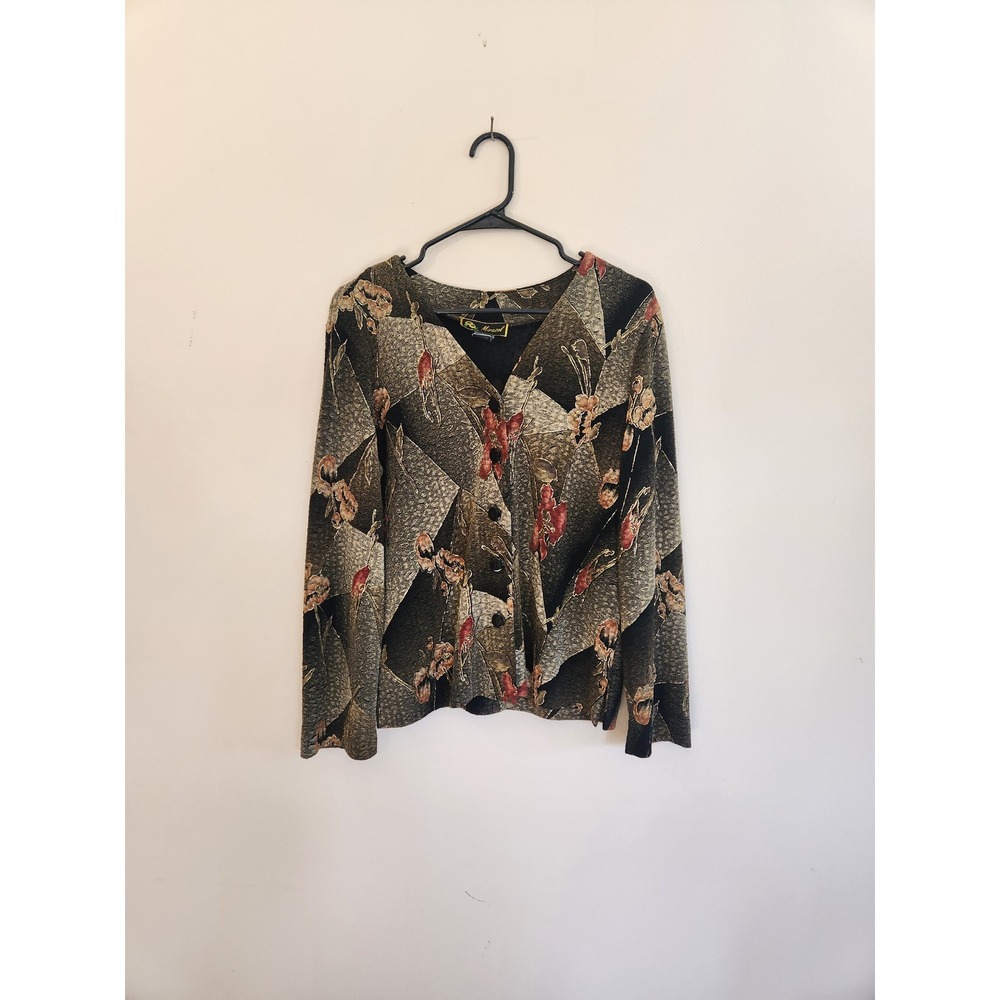 Mirasol Vintage Floral Geometric Button Front Cardigan Top Gold Olive Red Womens